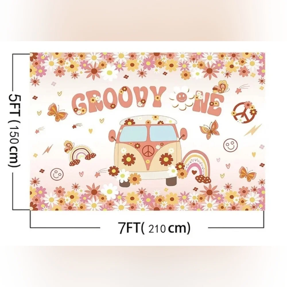 Brand new! Groovy Retro Van party Floral Backdrop banner photo prop decoration